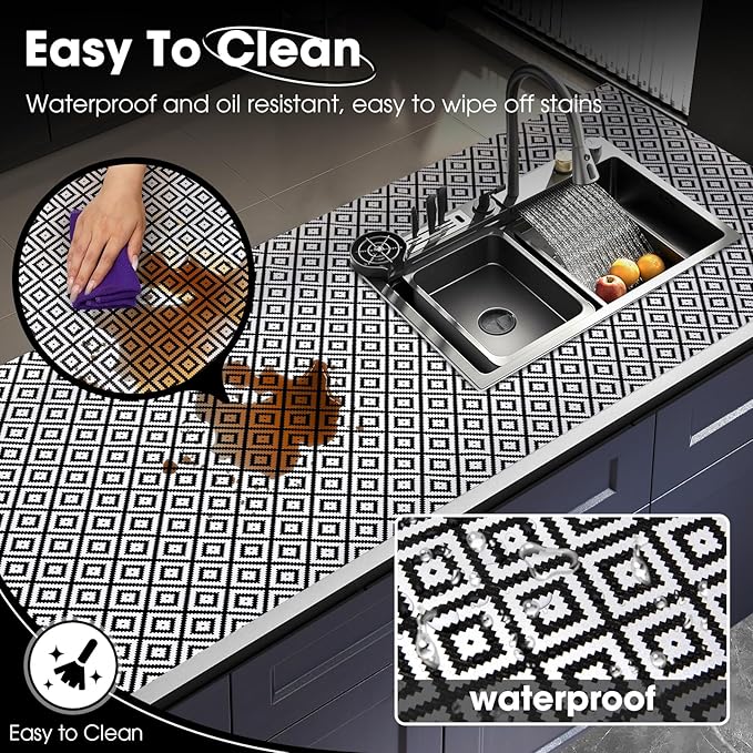 Drawer and Shelf Liner, Non-Slip Kitchen Cabinet Liners Non-Adhesive Thick Strong Grip Waterproof Washable Mats Protect Dresser Shelves Cupboard Bathroom Cabinets, Black & White, 24 in X 20 FT