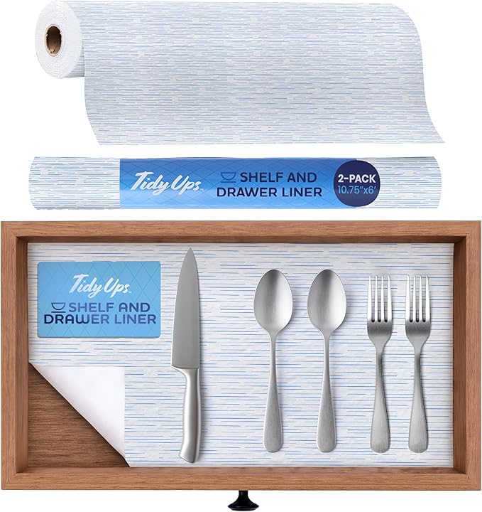 Self Adhesive Shelf Liner (2-Pack, 10.75in x 6ft) — Absorbent Felt Cabinet Liner for Shelves & Kitchen Drawers, Soft Glide Surface with Adjustable, Residue-Free Adhesive (Blue Current)