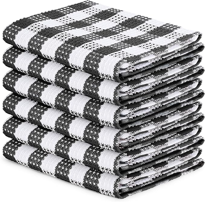 Blue Needles Waffle Weave Check Plaid Kitchen Towels, 15x25 Inches 100% Cotton Set of 6 Dish Towels for Kitchen, Ultra Soft & Absorbent for Quick Drying with Hanging Loop Spring Summer - Black & White