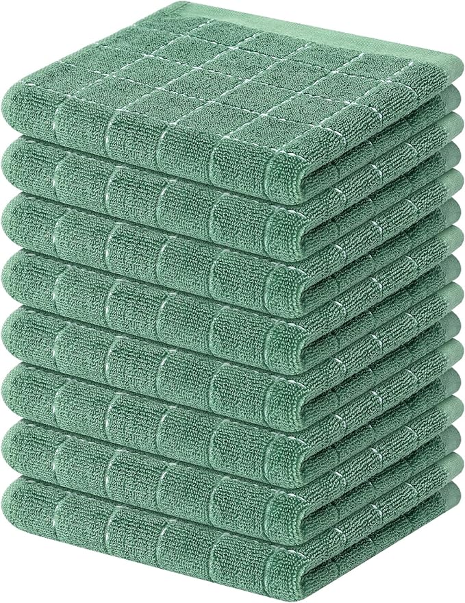 Mordimy 100% Cotton Terry Cloth Dish Cloths, Soft and Absorbent Checkered Dish Towels, Quick Drying Dish Rags for Washing Dishes, 8 Pack, 12 x 12 Inches, Grass Green