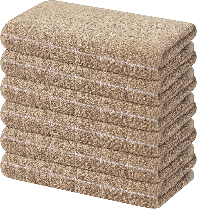 Mordimy 100% Cotton Terry Cloth Kitchen Towels, Super Soft and Absorbent Dish Towels for Drying, Checkered Designed Hand Towels for Kitchen, 16 x 26 Inches, 6 Pack, Tan