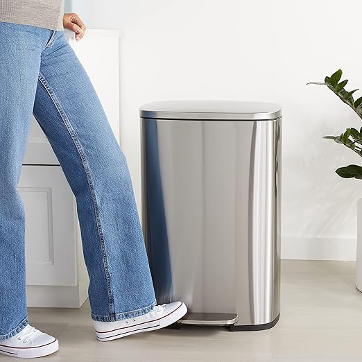 Amazon Basics Smudge Resistant Rectangular Trash Can With Soft-Close Foot Pedal, Brushed Stainless Steel, 50L/13.2 Gal, 16.7x14.7x25.9 in, Satin Nickel Finish