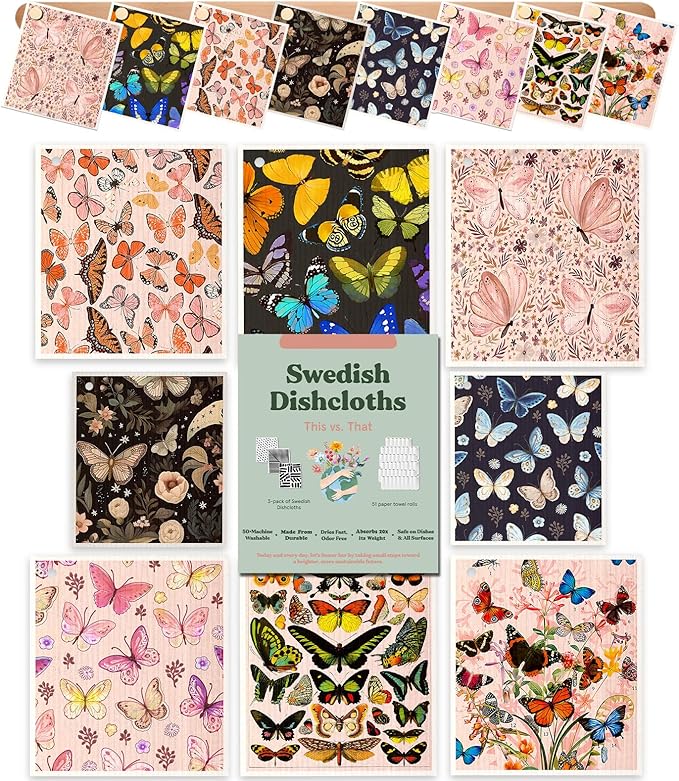 8 Pack Reusable Kitchen Swedish Dishcloths for Washing Dishes Cloths Absorbent Fast Drying Cleaning Sponge Cute Decorate Washable Swedish Towels, Butterfly