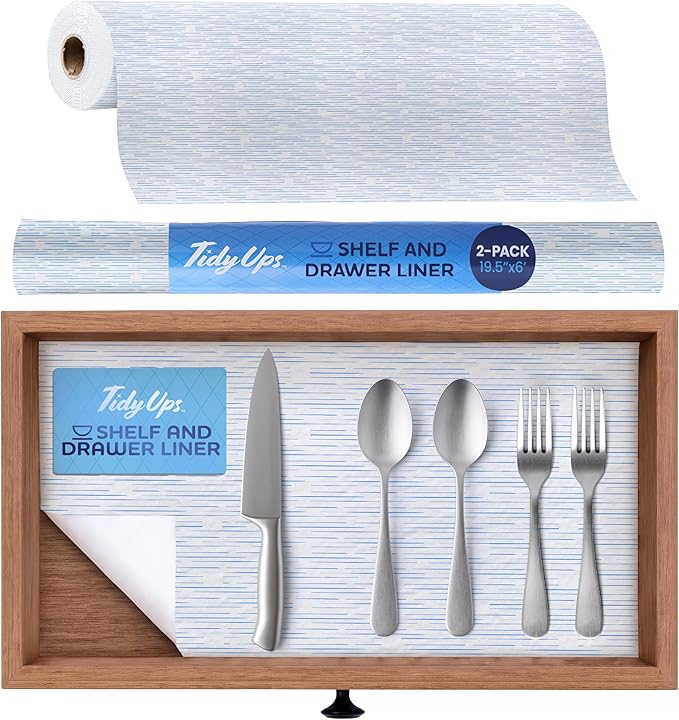 Self Adhesive Shelf Liner (2-Pack, 19.5in x 6ft) — Absorbent Felt Cabinet Liner for Shelves & Kitchen Drawers, Soft Glide Surface with Adjustable, Residue-Free Adhesive (Blue Current)