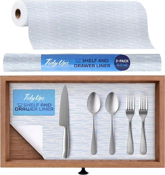 Self Adhesive Shelf Liner (2-Pack, 19.5in x 6ft) — Absorbent Felt Cabinet Liner for Shelves & Kitchen Drawers, Soft Glide Surface with Adjustable, Residue-Free Adhesive (Blue Current)