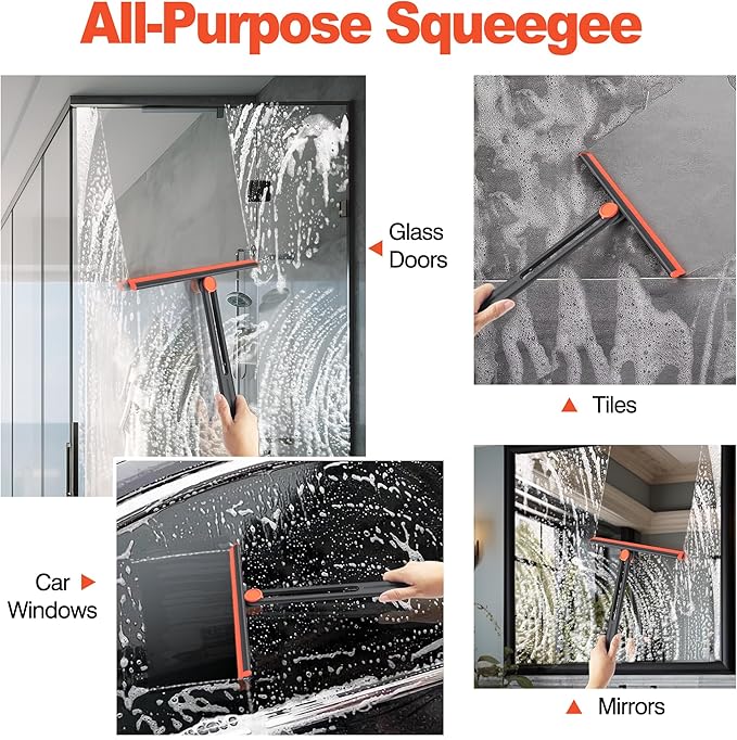 Shower Squeegee for Glass Doors with 2 Pack Multi-Purpose 360° Rotating Window Squeegees for Walls Wiper, Car Windshield, Tile, Mirrors and Kitchen, 11-Inchs