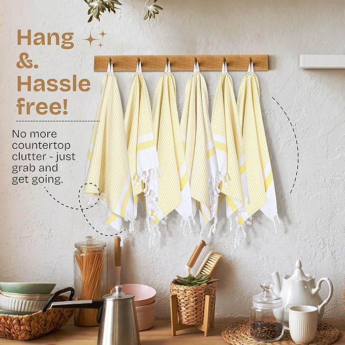 12 Pack Lemon Yellow Turkish Kitchen Towels 16"x26", 100% Cotton, Ultra Absorbent, Soft, Quick Dry, Washable, Dish Tea Towel with Tassels for Drying Dishes, Cleaning, Kitchen Use