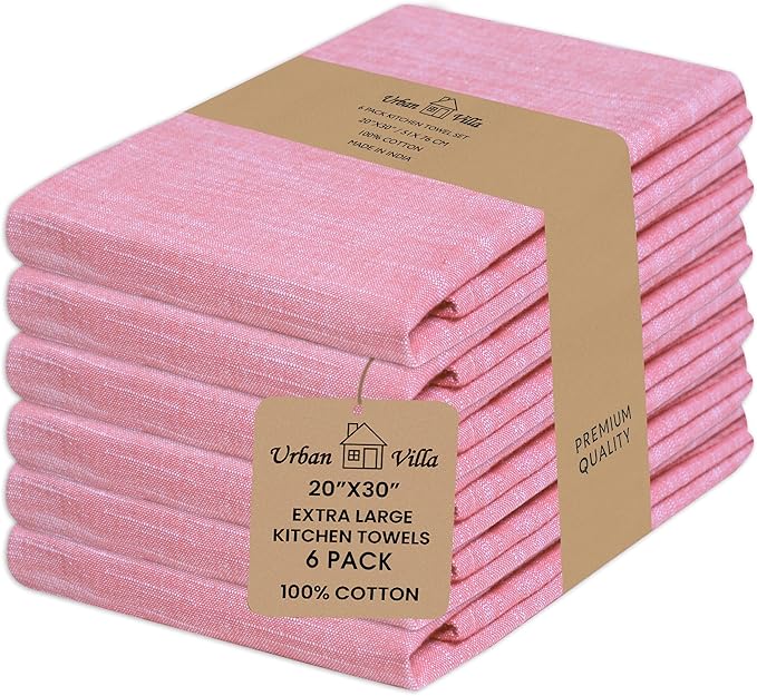 Urban Villa Kitchen Towels Slub Chambray Red/White Color, Premium Quality,100% Cotton Dish Towels, Mitered Corners,(Size: 20X30 Inch),Highly Absorbent Bar Towels & Tea Towels -(Set of 6)