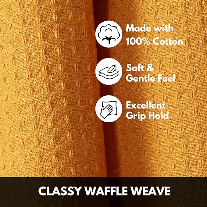 Mustard Yellow Waffle Kitchen Dish Towels 100% Cotton, Soft, Absorbent, Quick Drying, Multipurpose Use, Bar & Hand Towels, 16x26 Inches, Durable, Machine Washable, Reusable, Set of 4