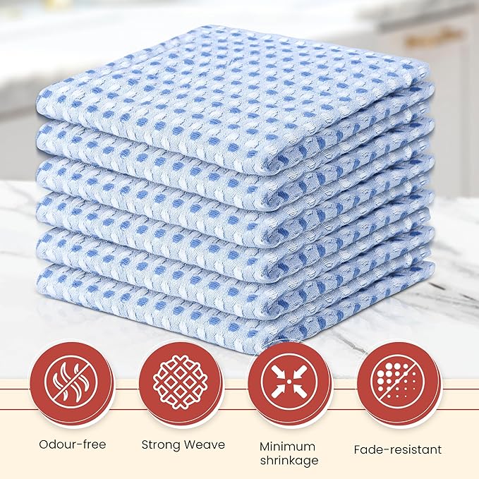 Vintage Vista 100% Cotton Dish Cloths (Pack of 6) - Dish Rags for Washing Dishes - Reusable & Highly Absorbent Kitchen Towels - Kitchen Rags for Christmas - (12" x 12" - Blue Honeycomb)