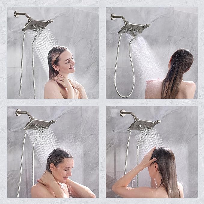 BRIGHT SHOWERS High Pressure Brushed Nickel Shower Heads Combo with Two Spray Setting Fixed Shower Head and Two Spray Settings Handheld Shower Head with Grey Face