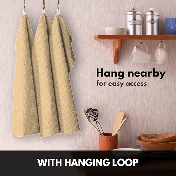 Beige Waffle Kitchen Dish Towels, 100% Cotton, Quick Dry, Super Absorbent, Soft, Lint-Free, 16x26 Inches - Ideal for Dish Drying, Bar, Tea, Cleaning, and Everyday Use, 12 Pack, Tan
