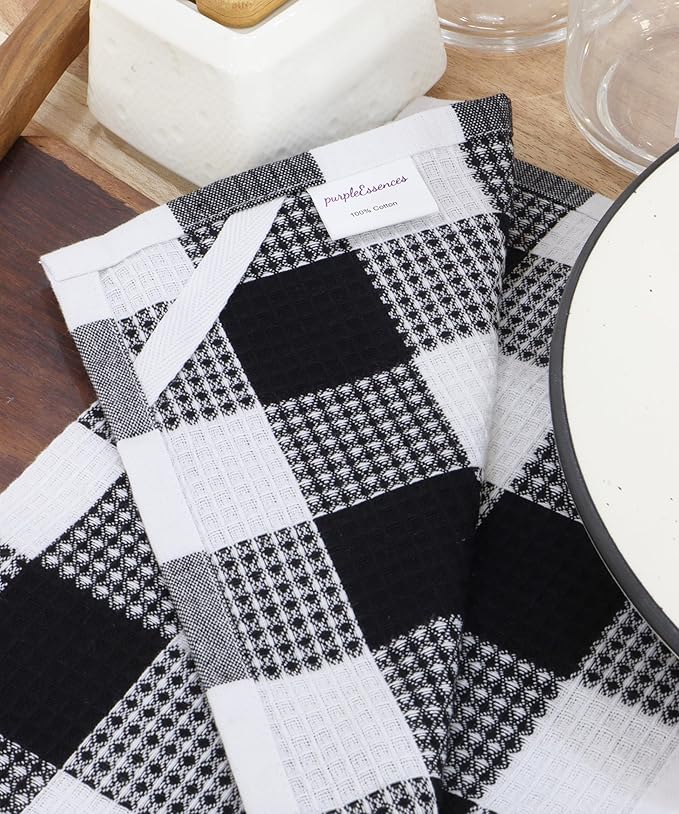 PurpleEssences 100% Cotton Waffle Weave Check Plaid Kitchen Towels, Super Soft and Absorbent Dish Towels for Drying Dishes 15 x 25-4 Pack - Christmas Holiday Winter - Black and White