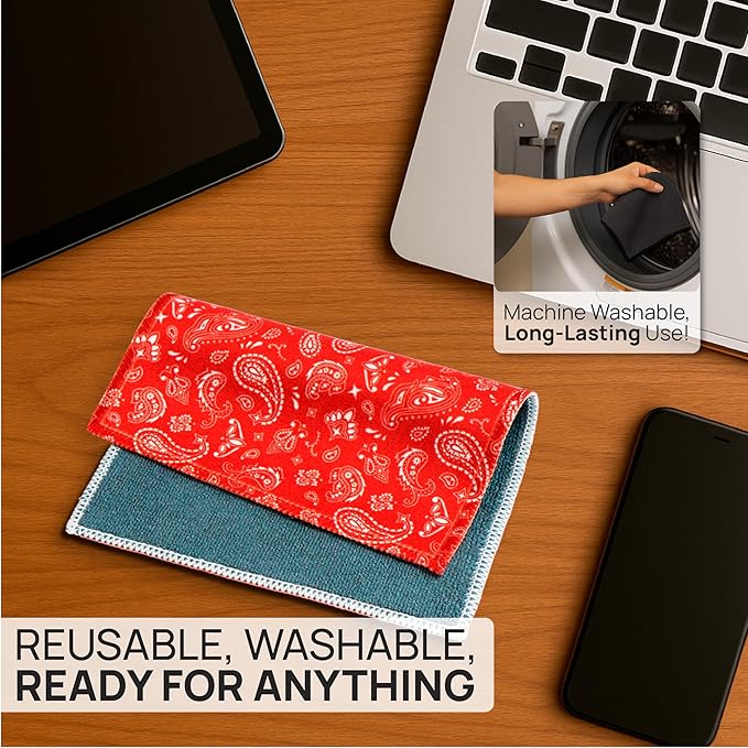 Quick Cloth Microfiber Glasses Cleaning Cloths – 8x8, Paisley Red, 1 Pack with Case | Double-Sided Lens Cleaner for Eyeglasses, Camera, Screens & Glass | Reusable Microfiber Glass Polishing Cloths