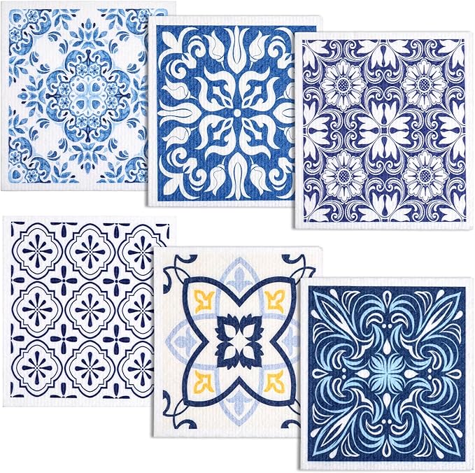 6-Pack Swedish Dish Cloths, Reusable Absorbent Quick-Dry Kitchen Towels, Unwoven Cleaning Cloths for Dishes, Countertops & Bathrooms