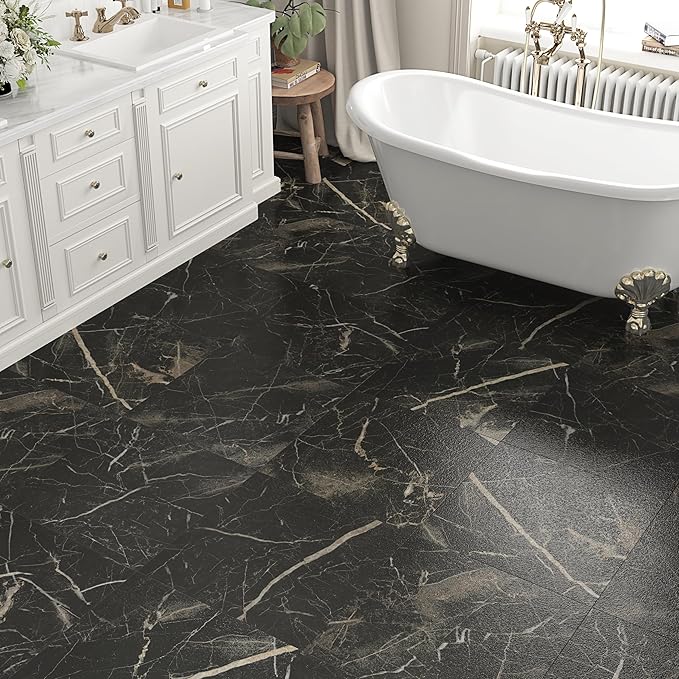 Matte Black Marble Peel and Stick Floor Tile Waterproof Vinyl Sheet Flooring for Bathroom Marble Black Flooring Tile 5PCS Self Adhesive Laminate Stick on Floor Tiles Sticky Panels for Kitchen 12x12 IN