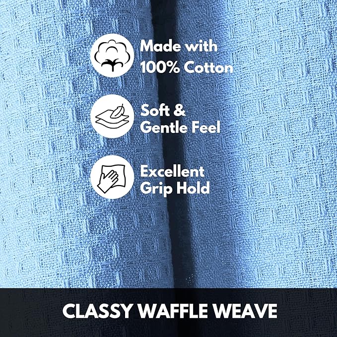Sky Blue Waffle Kitchen Dish Towels 100% Cotton, Soft, Absorbent, Quick Drying, Multipurpose Use, Bar & Tea Towels, 16x26 Inches, Durable, Machine Washable, Reusable, Set of 4