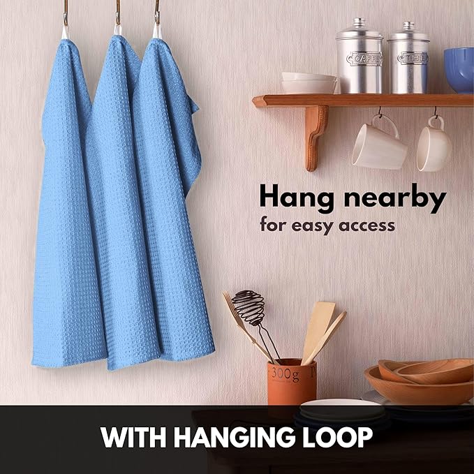 Sky Blue Waffle Kitchen Dish Towels 100% Cotton, Soft, Absorbent, Quick Drying, Multipurpose Use, Bar & Tea Towels, 16x26 Inches, Durable, Machine Washable, Reusable, Set of 4