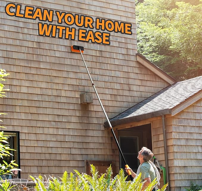 36-Foot Exterior House Cleaning Brush Set with 5-30 ft Extension Pole // Vinyl Siding Brushes with Telescopic Extendable Pole & Window Cleaning Squeegee Tool // The Ultimate Extension Scrub Brush Set