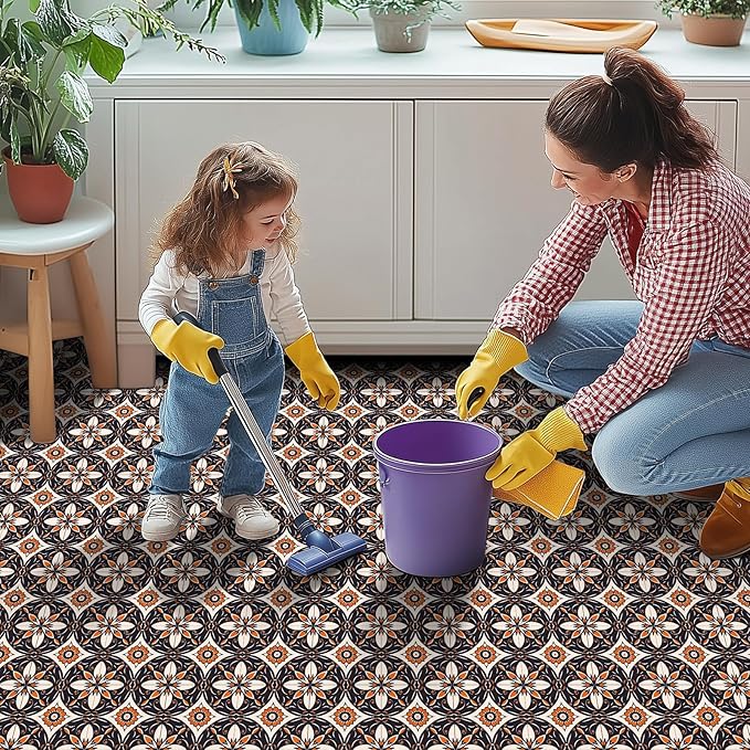 10PCS 12x12 Inch Retro Orange Black Peel and Stick Floor Tiles Removable Self Adhesive Vinyl Flooring Stickers for Kitchen Entryway Dining Room Home Decor