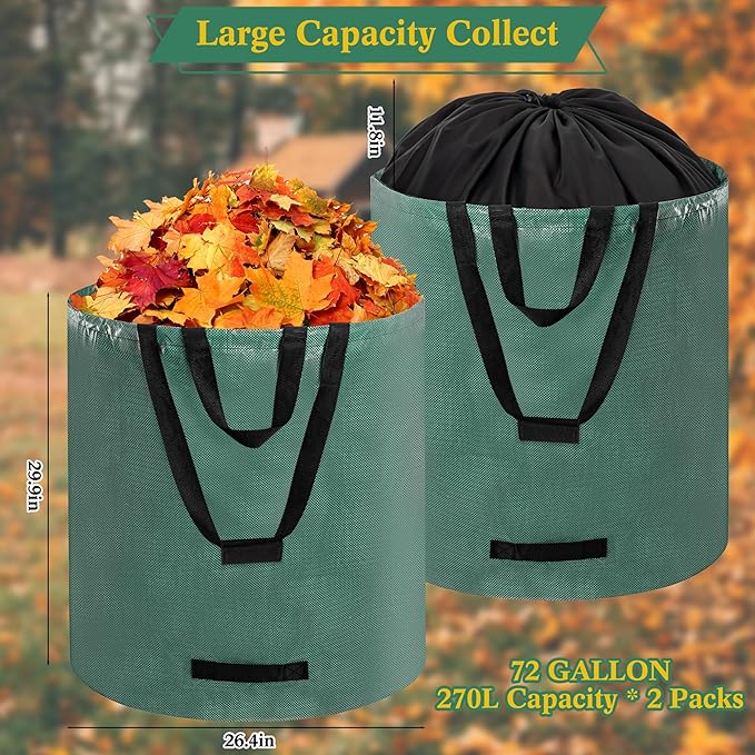 Reusable Yard Waste Bags, 2 Pack 72 Gallon Heavy Duty Lawn Leaf Garden Bag with Extension Layer, Handle & Shoulder Strap, Foldable Leaf Bags for Leaves Lawn Trash