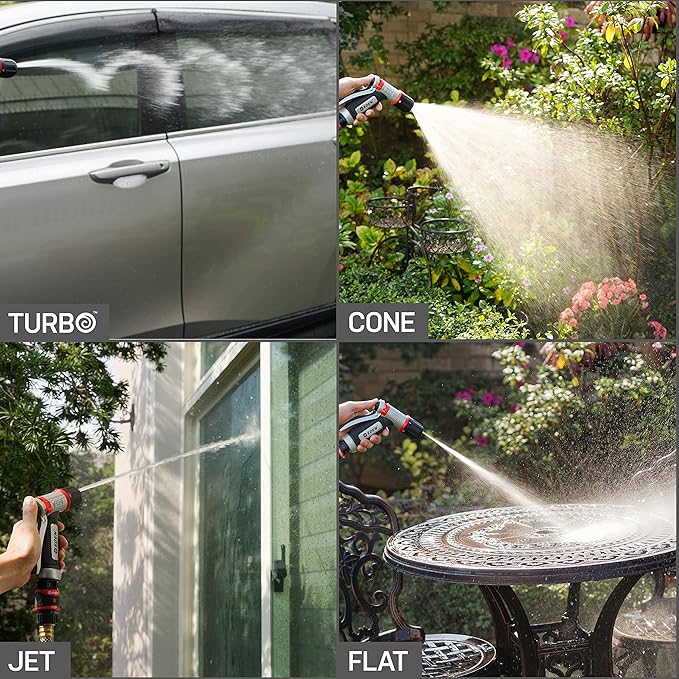 Eden 94844 Heavy Duty Metal Garden Hose Nozzle,HIGH Pressure 4-Pattern Watering Sprayer W/Quick Connector Set for Watering Garden, Lawns, Plants, Showering Pets, Washing Car