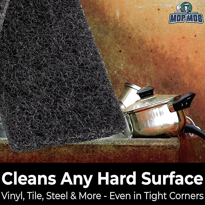 Heavy Duty XL Black Scouring Pad 5 Pack. 10 x 4.5in Large Multipurpose Nylon Scrubbing Sponges. Clean Bathrooms, Kitchens, Counters and Floors to Erase Grime and Make Surfaces Sparkle