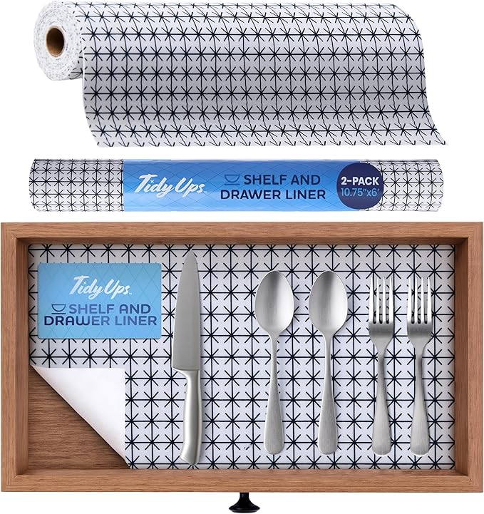 Self Adhesive Shelf Liner (2-Pack, 10.75in x 6ft) — Absorbent Felt Cabinet Liner for Shelves & Kitchen Drawers, Soft Glide Surface with Adjustable, Residue-Free Adhesive (Midnight Grid)