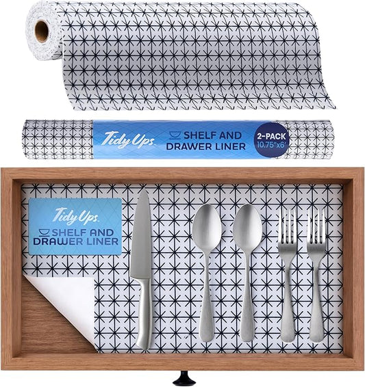 Self Adhesive Shelf Liner (2-Pack, 10.75in x 6ft) — Absorbent Felt Cabinet Liner for Shelves & Kitchen Drawers, Soft Glide Surface with Adjustable, Residue-Free Adhesive (Midnight Grid)