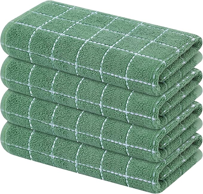 Mordimy 100% Cotton Terry Cloth Kitchen Towels, Super Soft and Absorbent Dish Towels for Drying, Checkered Designed Hand Towels for Kitchen, 16 x 26 Inches, 4 Pack, Grass Green