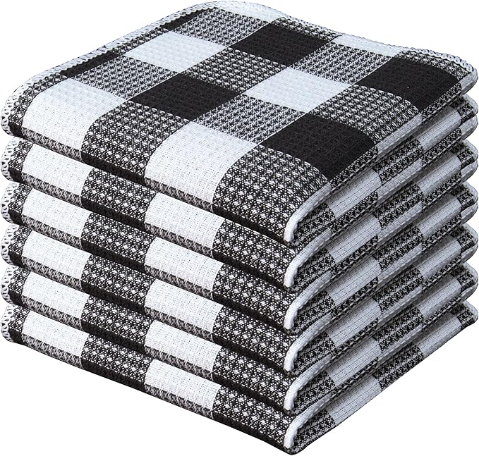 PurpleEssences Waffle Weave Plaid Dish Cloths, 100% Cotton - 12x12 Inches, Soft Absorbent Quick Drying Buffalo Check Dish Rags for Kitchen, 6 Pack - Christmas Holiday Winter - Black and White