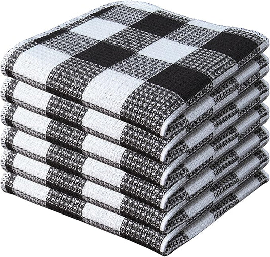 PurpleEssences Waffle Weave Plaid Dish Cloths, 100% Cotton - 12x12 Inches, Soft Absorbent Quick Drying Buffalo Check Dish Rags for Kitchen, 6 Pack - Christmas Holiday Winter - Black and White