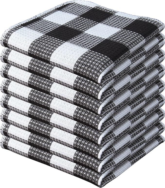 PurpleEssences Waffle Weave Plaid Dish Cloths, 100% Cotton, 12x12 Inch, Soft Absorbent Quick Drying Buffalo Check Dish Rags for Kitchen, 8 Pack, Christmas Holiday Winter - Black & White