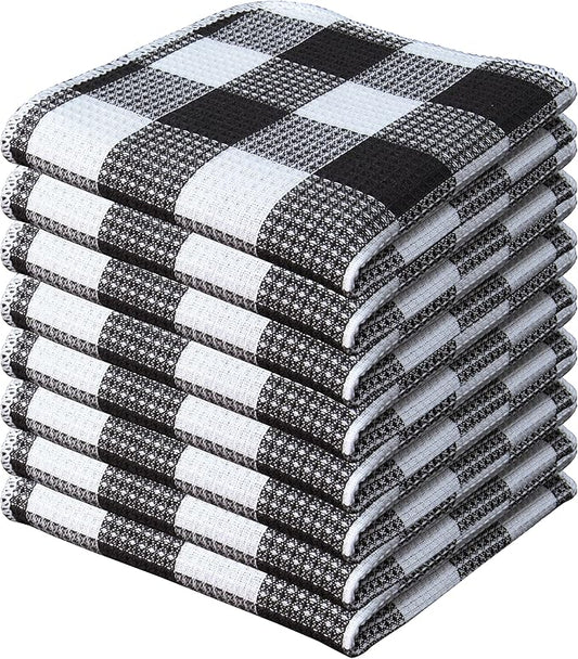 PurpleEssences Waffle Weave Plaid Dish Cloths, 100% Cotton, 12x12 Inch, Soft Absorbent Quick Drying Buffalo Check Dish Rags for Kitchen, 8 Pack, Christmas Holiday Winter - Black & White