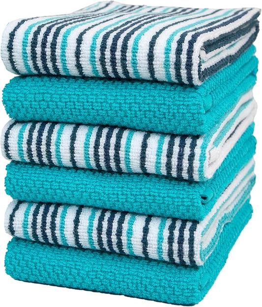 Kitchen Towels 16”x 26” - 6 Pack | Large Cotton Kitchen Hand Towels | Dish Towels | Popcorn Stripe Design | 430 GSM Highly Absorbent Tea Towels Set with Hanging Loop | Dish Towels for Kitchen | Aqua