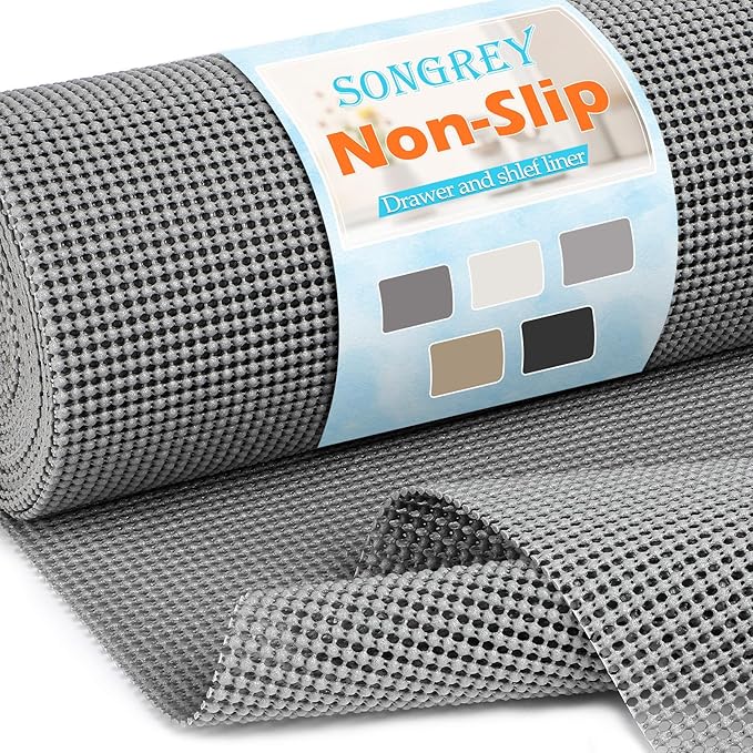 Songrey Non-Adhesive Drawer and Shelf Liner, Non Slip Cabinet Liners, Protect Kitchen Cupboard, Bathroom Drawers, Breathable, Thick Strong Grip mat (12IN x 30FT, Dark Gray)