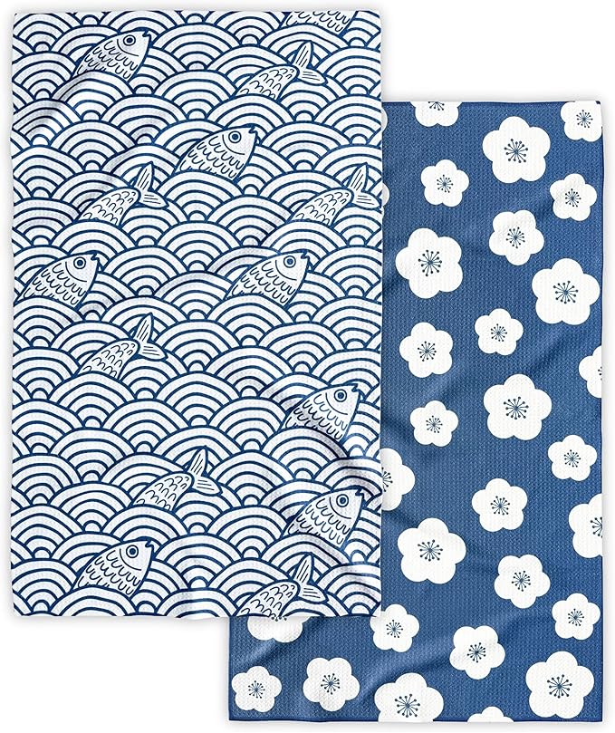 Kitchen Towels, Premium Dish Towels for Kitchen Drying, 18" x 30" Tea Towels, Quick Dry Microfiber Dish Cloths, Ocean Sakura Series, 2-Pack