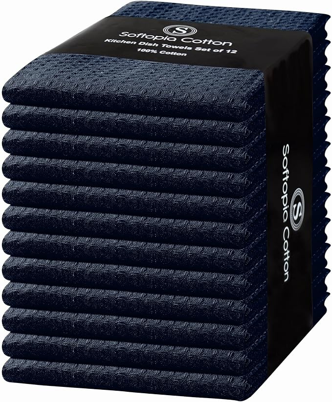Navy Waffle Kitchen Dish Towels 100% Cotton, Soft, Absorbent, Quick Drying, Multipurpose Use, Bar & Tea Towels, 16x26 Inches, Durable, Machine Washable, Reusable, Set of 12, Navy Blue