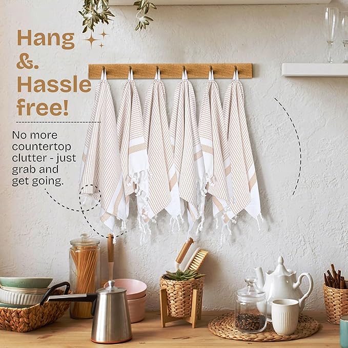 Beige Turkish Kitchen Towels 16x26 Inch, 12 Pack, 100% Cotton, Ultra Absorbent, Soft, Fast Dry, Machine Washable, Dish Towel with Tassels for Drying Dishes, Cleaning, Everyday Use