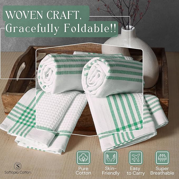 Waffle White & Dark Green Kitchen Towels 12 Pack, 100% Cotton, 16x26 inches, Super Absorbent Tea Towel for Drying Dishes, Quick Drying Kitchen Cloth Set for Daily Cooking, Cleaning