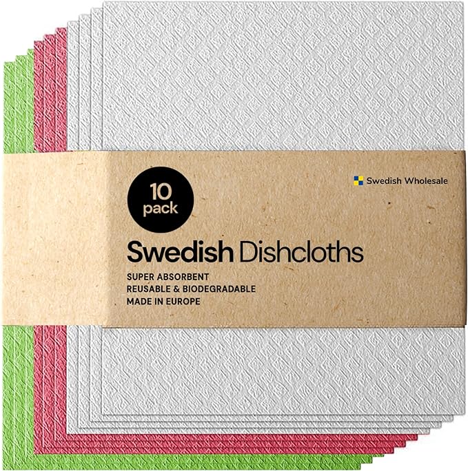 Swedish Wholesale Dishcloths, Cellulose Sponge Cloths – Bulk 10 Pack of Eco-Friendly, No Odor, Reusable Cleaning Cloths for Kitchen – Absorbent Dish Cloth Hand Towel – Assorted