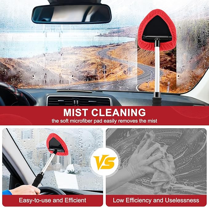 JUSTTOP Windshield Cleaner Tool, Car Interior&Exterior Window Cleaning Tool with Extendable Handle & 4 Reusable Microfiber Pads, Auto Glass Wiper Brush Kit for Cars (Red)