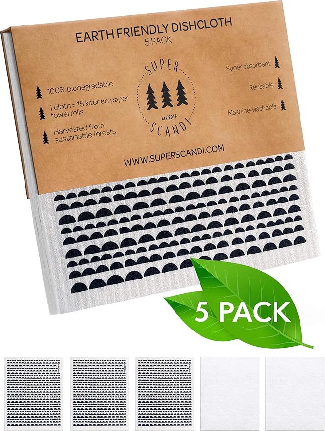 SUPERSCANDI 5 Pack Swedish Dishcloths for Kitchen - 100% Biodegradable & Compostable Reusable Paper Towels Washable, Food-Safe & Without Plastic - Dish Rags Suitable for Any Surface, Moon Black
