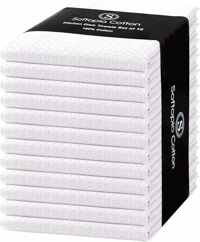 White Waffle Kitchen Dish Towels 100% Cotton, Soft, Absorbent, Quick Drying, Multipurpose Use, Bar & Hand Towels, 16x26 Inches, Durable, Machine Washable, Reusable, Set of 12