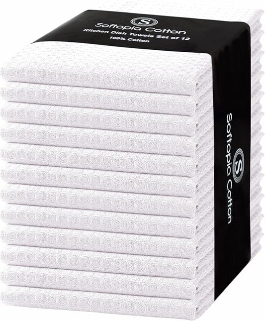 White Waffle Kitchen Dish Towels 100% Cotton, Soft, Absorbent, Quick Drying, Multipurpose Use, Bar & Hand Towels, 16x26 Inches, Durable, Machine Washable, Reusable, Set of 12