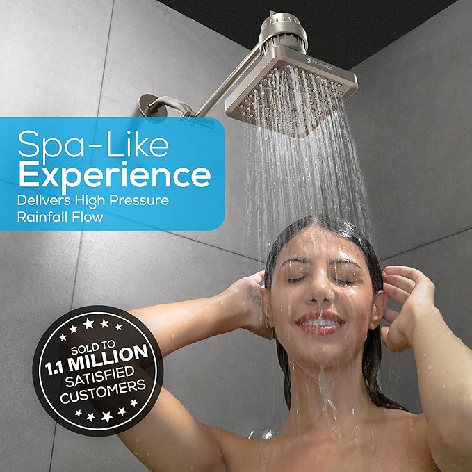 SparkPod Shower Head - High Pressure Rain - Premium Quality Luxury Design - 1-Min Install - Easy Clean Adjustable Replacement for Your Bathroom Shower Heads (Elegant Brushed Nickel, 8 Inch Square)