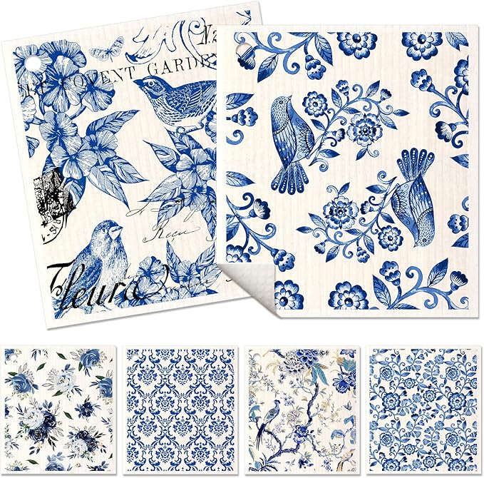 6 Pack Swedish Dishcloths for Kitchen - Reusable Dish Cloths for Washing Dishes Absorbent Cute Funny Kitchen Towels Cleaning Sponge, Blue Floral