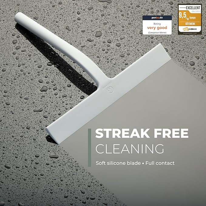 GÜTEWERK Shower Squeegee for Glass Doors, Silicone Window Squeegee, Bathroom and Glass Cleaning - White - 13 Inch