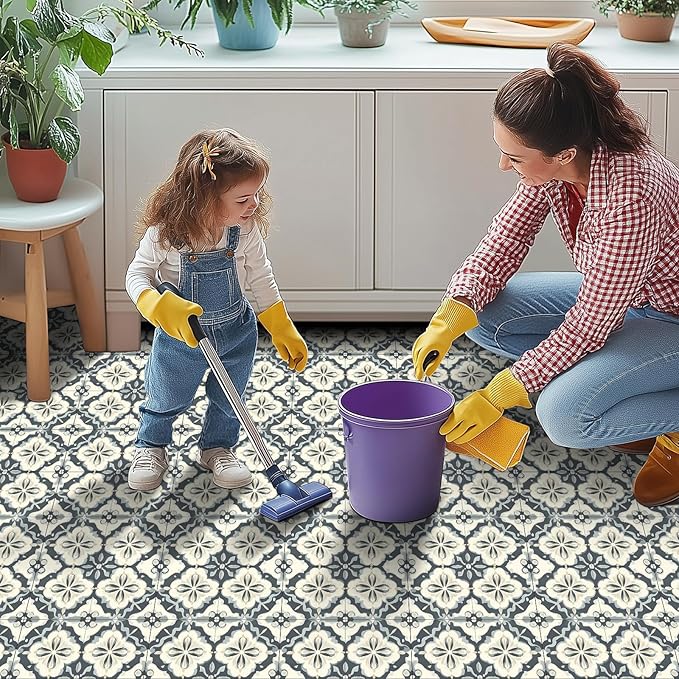 10PCS 12x12 Inch Gray Blue Vintage Floral Peel and Stick Floor Tiles Removable Self Adhesive Vinyl Flooring Stickers for Bathroom Kitchen Entryway Home Decor