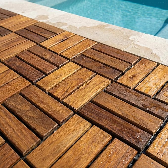 Bare Decor BARE-WF2009 Solid Teak Wood Interlocking Flooring Tiles (Pack of 10), 12" x 12", Brown